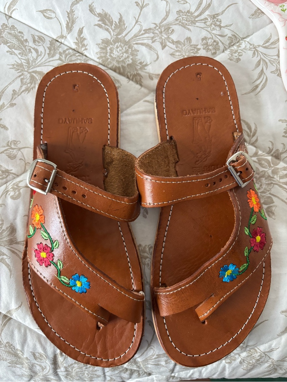 Brown Leather Women’s Sandals with Floral Embroidery